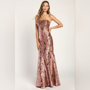 Lulu's Gowning Around Mauve Floral Jacquard Strapless Maxi Dress XS Wedding